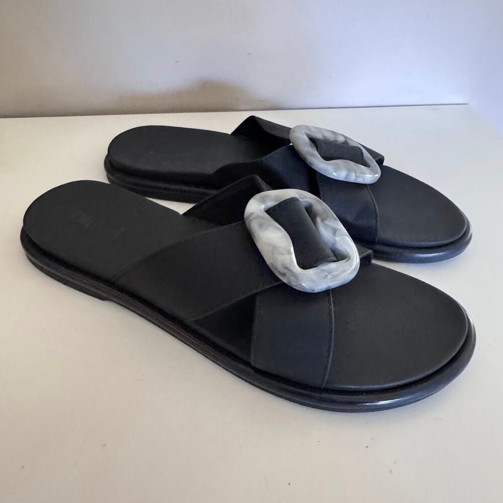 Olukai La'I Slide Sandals in Black Lava Rock Tortoise Shell Buckle Size 8 - Picture 2 of 6